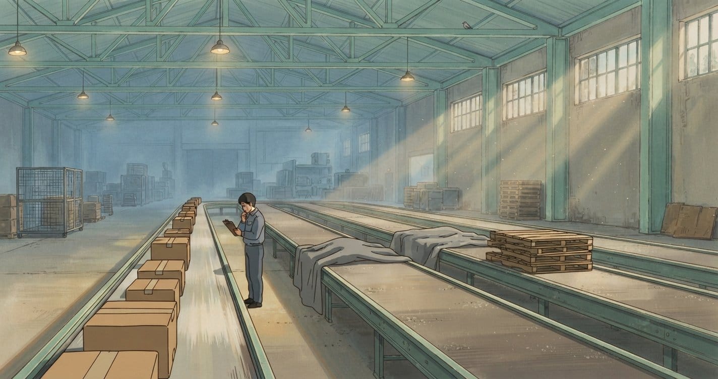 Illustration of a large sorting hall with five parallel conveyor lanes, only the nearest running and loaded with parcels.