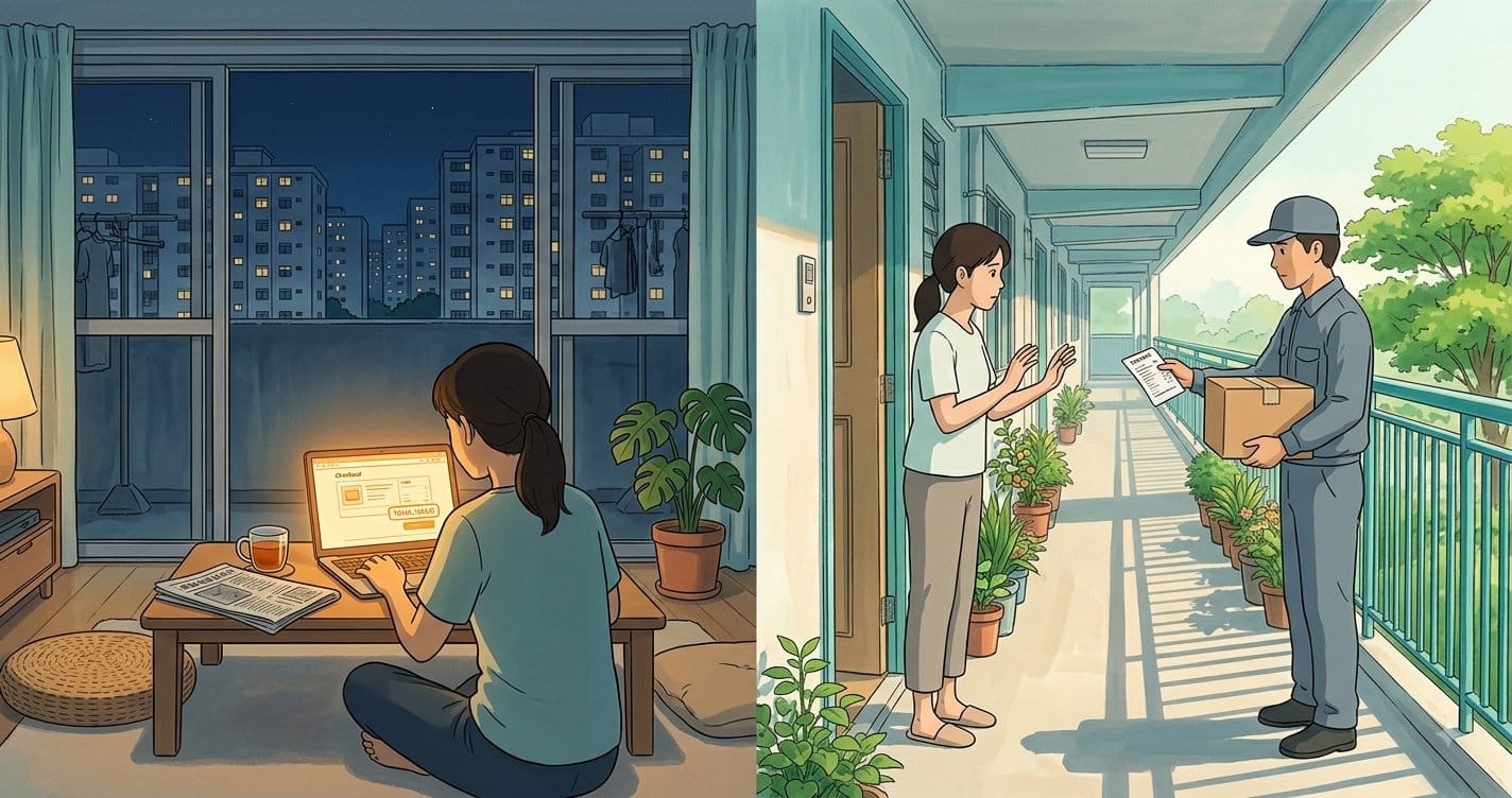 Illustration split into two panels: a woman completing an online order at night, and the same woman at her door facing a courier with a parcel and invoice.